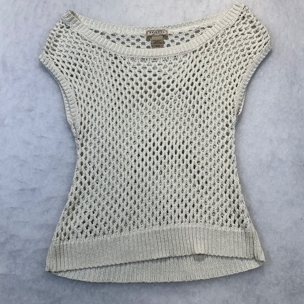 Arizona Open Knit Sweater Vest Womens Medium Cream Boho Crochet Layering Top